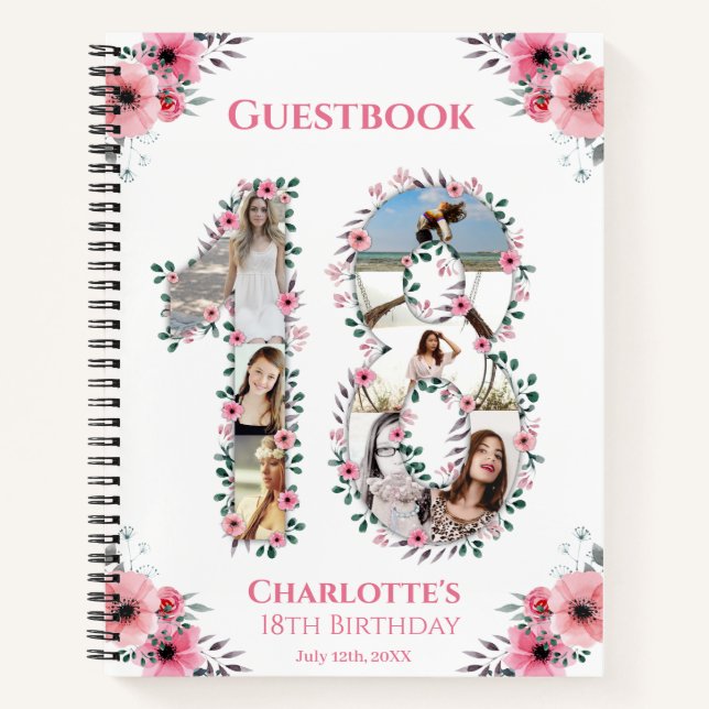 Photo Collage 18th Birthday Pink Flower Guest Book (Front)