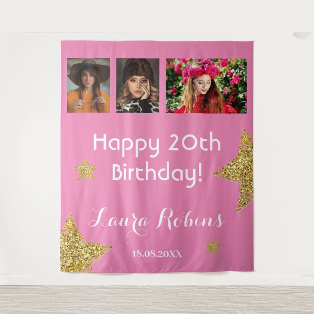 Photo Collage 20th Birthday Party Gold Backdrop Tapestry (Front)