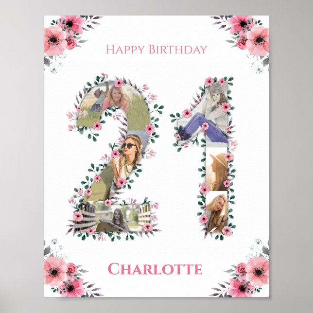 Photo Collage 21st Birthday Girl Pink Flower White Poster (Front)