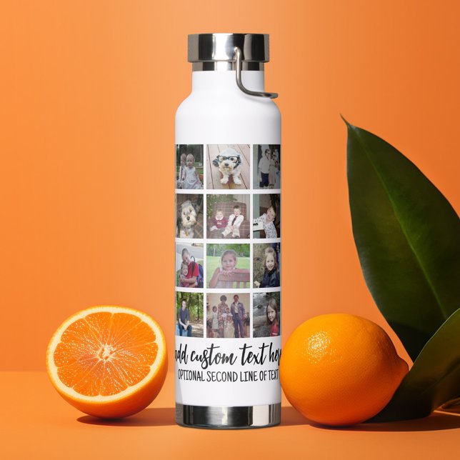Photo Collage - 28 Photos All Over Pattern Grid Water Bottle (Personalized water bottle with custom text - photo collage)