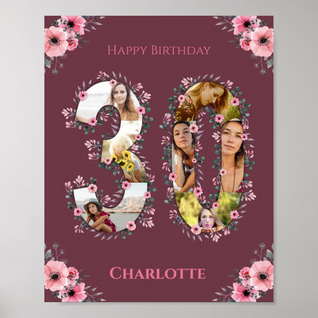Photo Collage 30th Birthday Girl Pink Flower Woman Poster (Front)