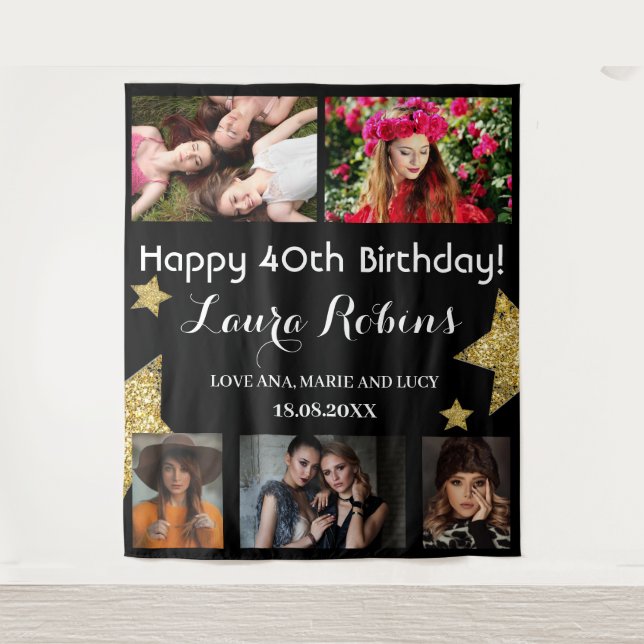 Photo Collage 40th Birthday Party Backdrop Tapestry (Front)