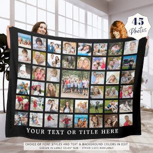 Photo Collage 45 Photo Template Custom Text Black Fleece Blanket