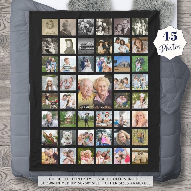 Photo Collage 45 Photo Template Personalised Black Fleece Blanket (Creator Uploaded)