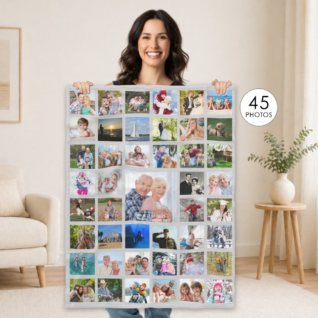 Photo Collage 45 Pics Editable Grey Personalised Fleece Blanket (Creator Uploaded)