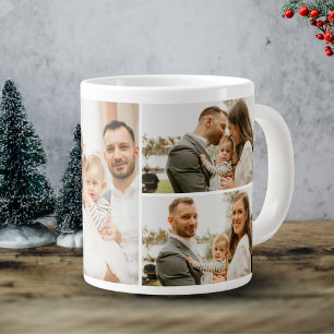 Photo Collage - 4 Photos Custom Text black white Large Coffee Mug