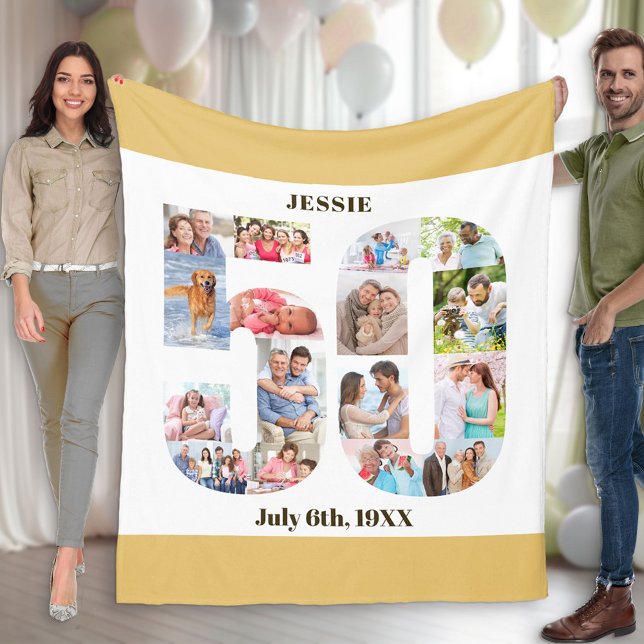 Photo Collage 50th Birthday Beige White Picture Fleece Blanket (Creator Uploaded)