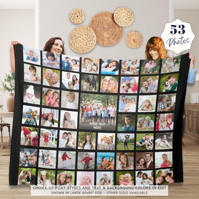 Photo Collage 53 Photos Personalised Black Fleece  Blanket (Creator Uploaded)