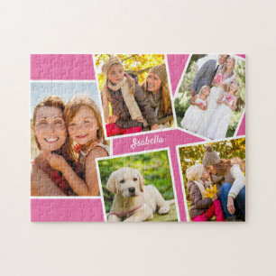 Photo Collage - 5 Pictures and Your Name - Pink Jigsaw Puzzle