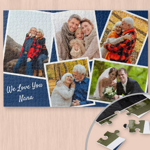 Photo Collage 5 Pictures We Love You Nana - Blue Jigsaw Puzzle
