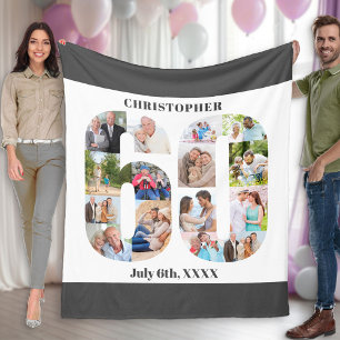 Photo Collage 60th Birthday Grey White Picture Fleece Blanket
