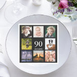 Photo collage 90th birthday party guys black napkin<br><div class="desc">A paper napkin for a 90th birthday party for a guy,  celebrating his life with a collage of 8 of your own photos.  Templates for the age 90 and a date.  Date of birth or the date of the party.  White coloured letters.  Black background.</div>