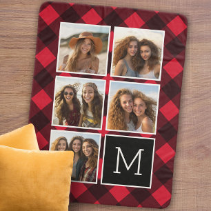Photo Collage and Monogram Red Black Buffalo Plaid Sherpa Blanket