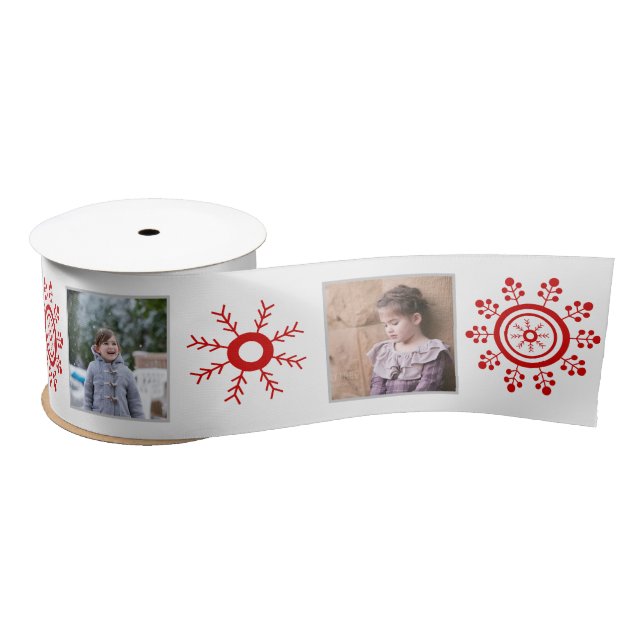 Photo collage and red snowflakes Christmas holiday Satin Ribbon (Spool)
