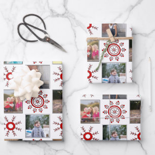 Photo collage and red snowflakes Christmas holiday Wrapping Paper Sheet