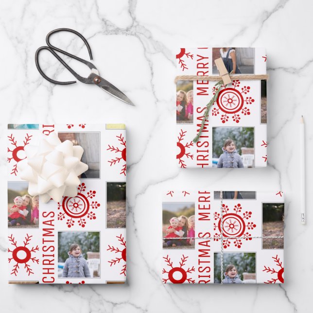 Photo collage and red snowflakes Merry Christmas  Wrapping Paper Sheet (Front)