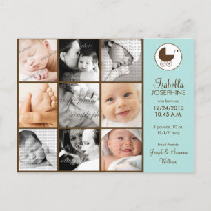 Photo Collage Aqua Green Baby Birth Announcement Postcard