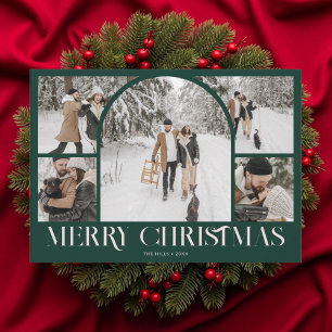 Photo Collage Arch Merry Christmas Vintage Green Holiday Card