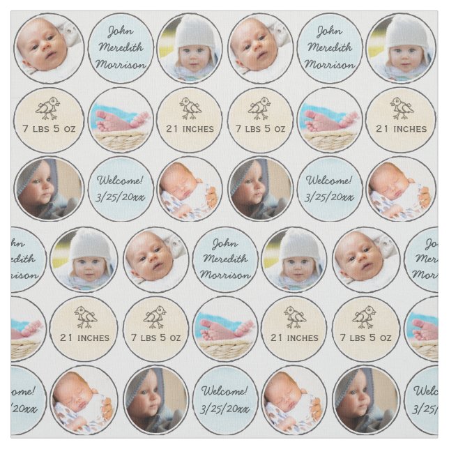 Photo Collage Baby Boy Name, birth stats and duck Fabric (Swatch)