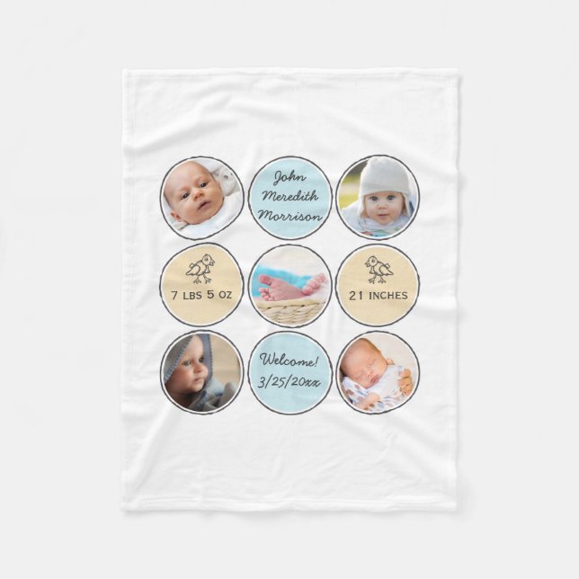 Photo Collage Baby Boy Name, birth stats and duck Fleece Blanket (Front)