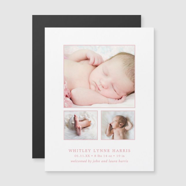 Photo Collage Baby Girl Birth Announcement Magnet (Front/Back)