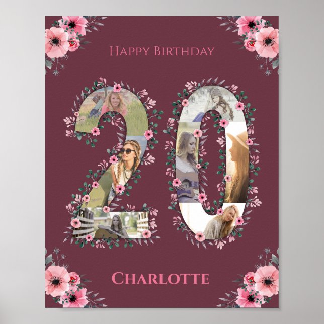 Photo Collage Big 20th Birthday Girl Pink Flower Poster (Front)