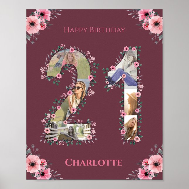 Photo Collage Big 21st Birthday Pink Flower Woman Poster (Front)