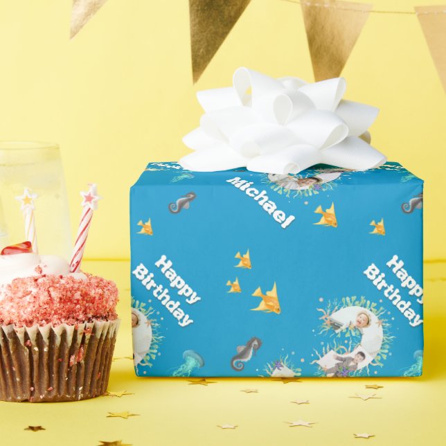 Photo Collage Big 3rd Birthday Under The Sea Wrapping Paper (Birthday Party)