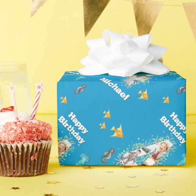 Photo Collage Big 4th Birthday Under The Sea Wrapping Paper (Birthday Party)