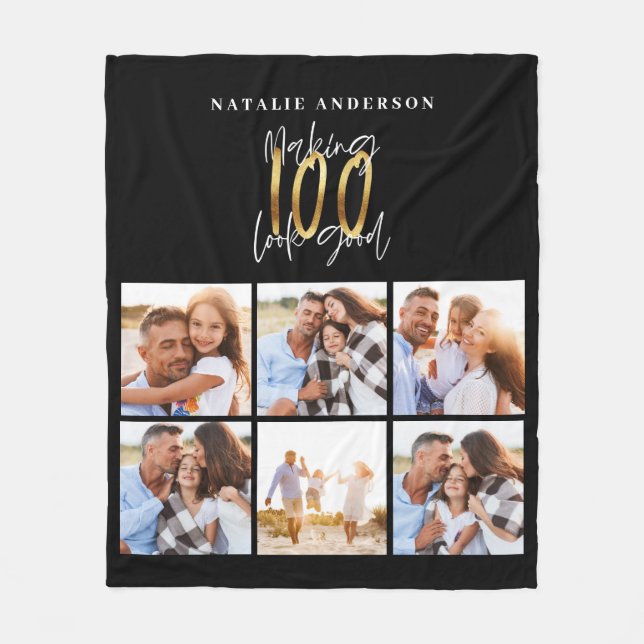 Photo collage black and gold 0th birthday fleece b blanket (Front)