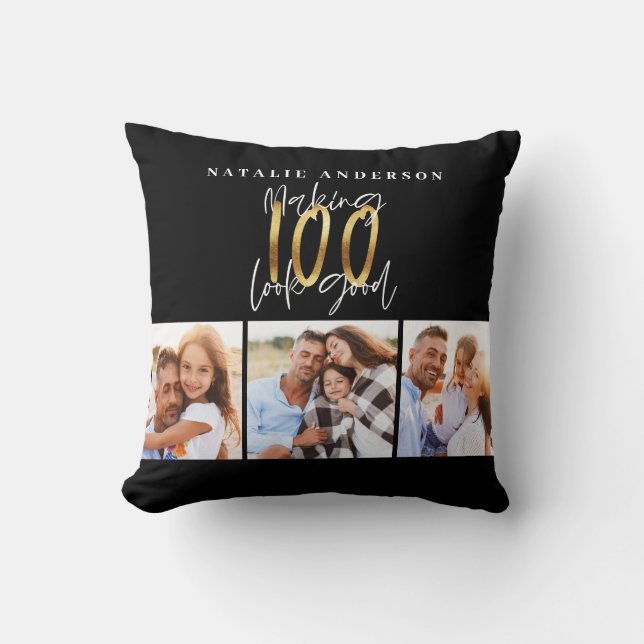 Photo collage black and gold 100th birthday   cushion (Front)