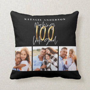 Photo collage black and gold 100th birthday   cushion