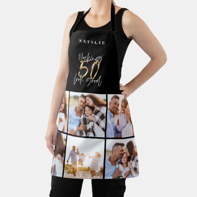 Photo collage black and gold 50th birthday modern apron (Insitu)