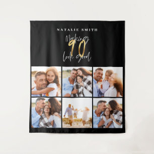 Photo collage black and gold 90th birthday modern tapestry