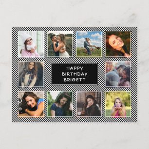 Photo Collage Black and White Striped Birthday Postcard