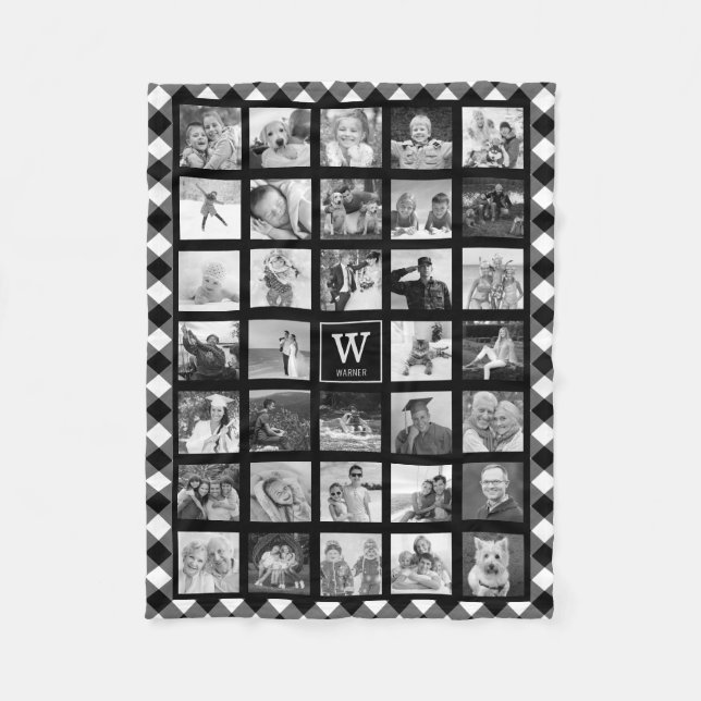Photo Collage Black Buffalo Plaid Monogram Name Fleece Blanket (Front)