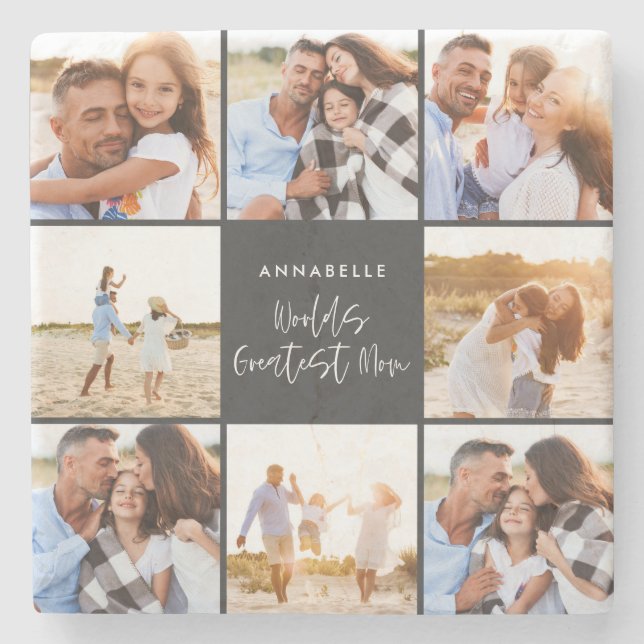 Photo collage black girly modern mothers day stone coaster (Front)