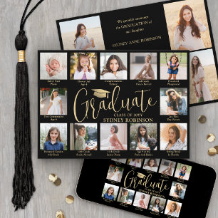 Photo Collage Black & Gold Calligraphy Graduation Announcement
