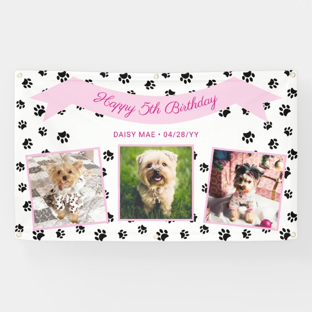 Photo Collage Black Paw Prints Pink Pet Birthday Banner (Horizontal)