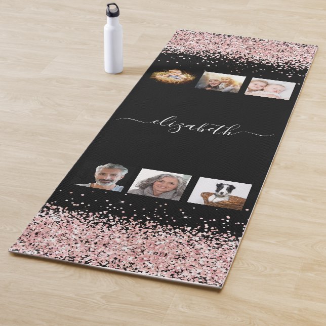 Photo collage black rose gold glitter name yoga mat (In Situ)