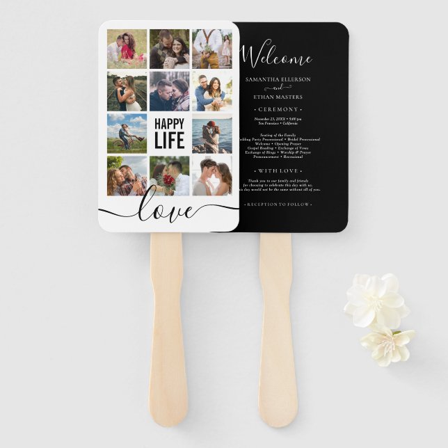 Photo Collage Black Wedding Program Hand Fan (Front and Back)