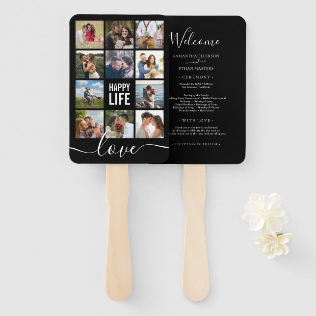Photo Collage Black Wedding Program Hand Fan (Front and Back)