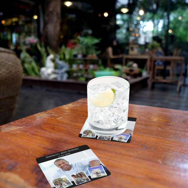 Photo collage black white birthday party square paper coaster (Creator Uploaded)