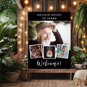 Photo collage black white birthday party welcome poster