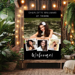 Photo collage black white birthday party welcome poster<br><div class="desc">Create your own unique photo collage. Use four,  4 of your favourite photo. Personalise and add a name and age. Black background,  white text.</div>