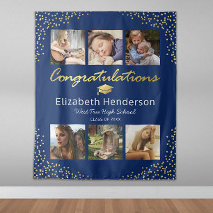 Photo Collage Blue Gold Graduation Backdrop Tapestry