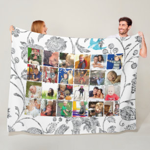 Photo Collage Blue Grey Floral Family Photos Fleece Blanket