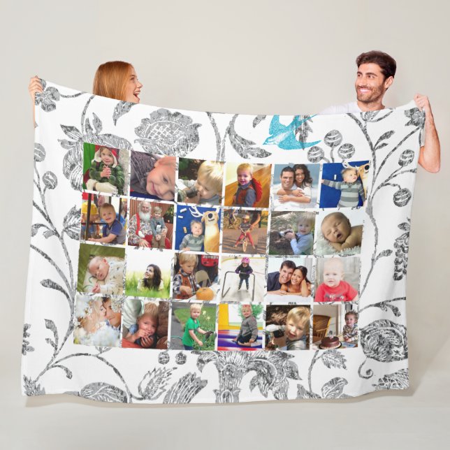 Photo Collage Blue Grey Floral Family Photos Fleece Blanket (In Situ)