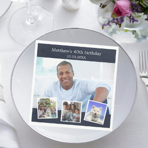 Photo collage blue white birthday party napkin