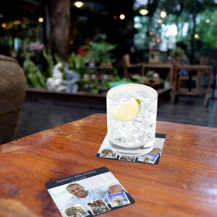 Photo collage blue white birthday party square paper coaster